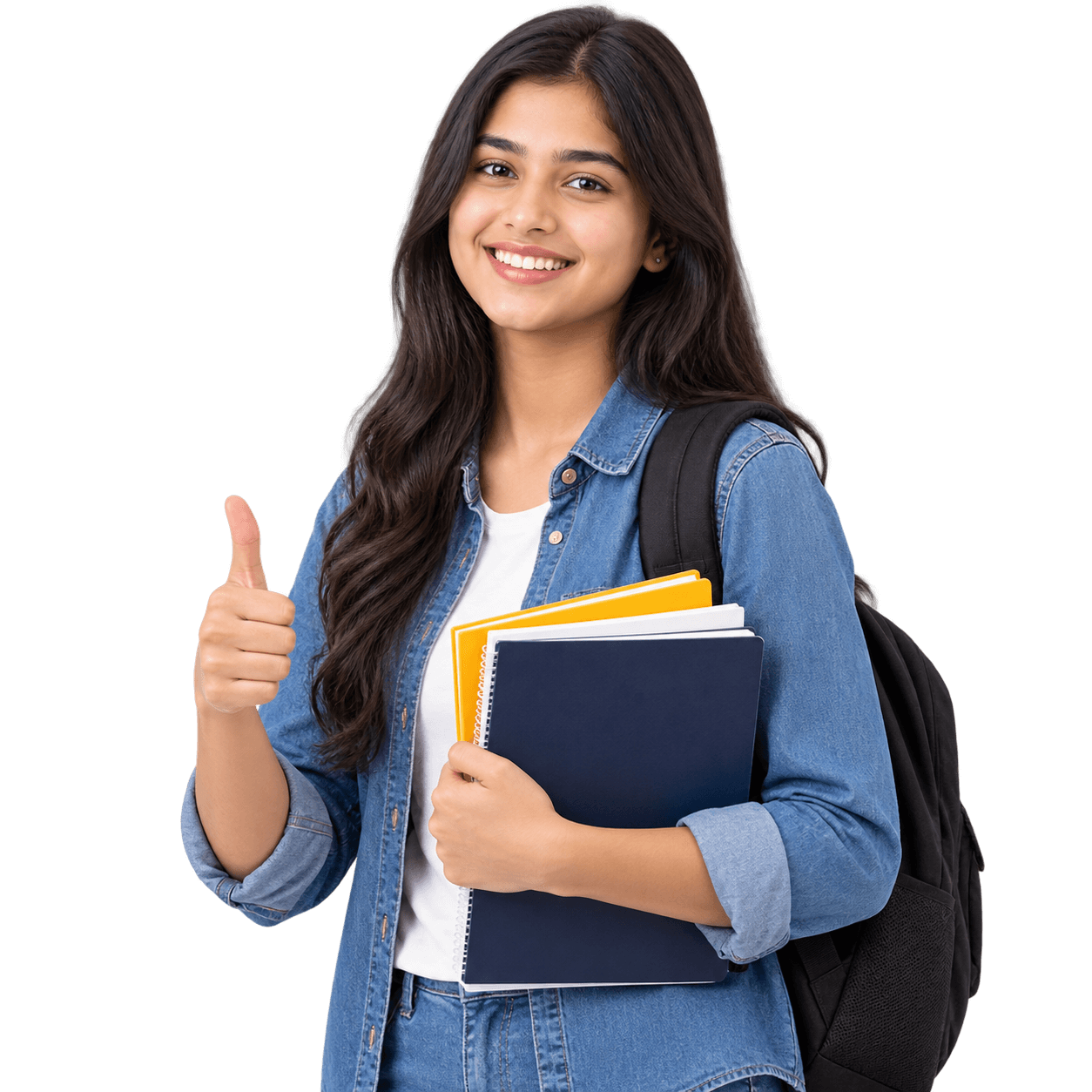 Student smiling with textbooks, giving a thumbs up