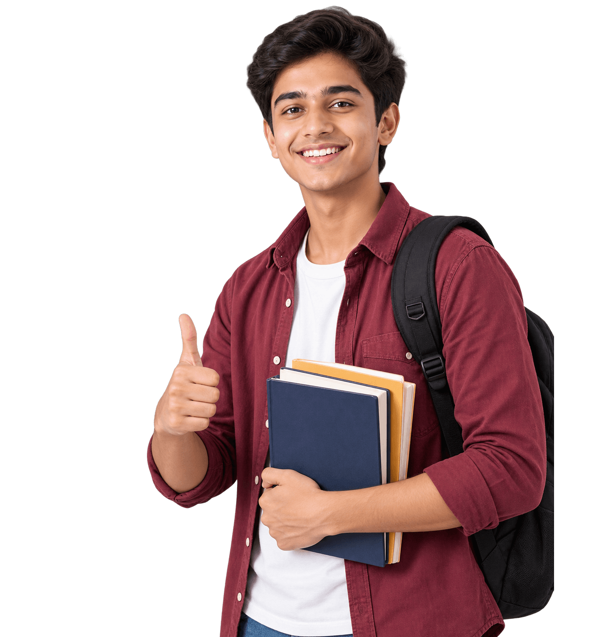 Student with backpack and books giving a confident thumbs up